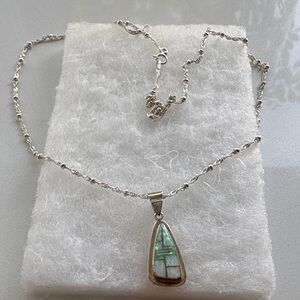 Silver Necklace with Australian Opal and Coral Pendant